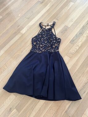 B Darlin Navy Lace Halter Dress with Flared Skirt